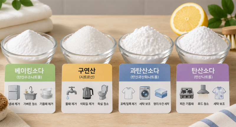 베이킹소다·구연산·과탄산소다·탄산소다 차이와 사용법 (빨래 식용 청소 과일 등) 총정리