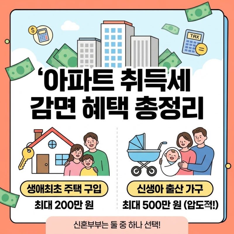 아파트 취득세 감면 혜택 신혼부부, 신생아, 생에 처음 조건 총정리
