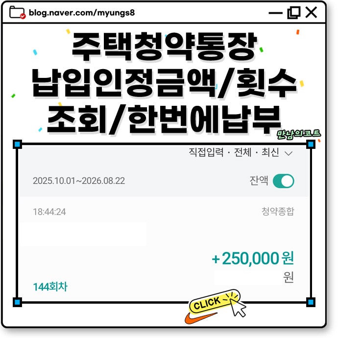 주택 청약 통장 납입 인정 금액 횟수 조회 및 한번에 납부 채우기 가능 여부