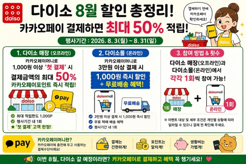다이소 8월 할인 총정리｜카카오페이 첫 결제 최대 50% 적립 + 다이소몰 할인·무료배송