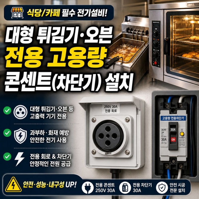 식당/카페 대형 튀김기·오븐 전용 고용량 콘센트(차단기) 설치
