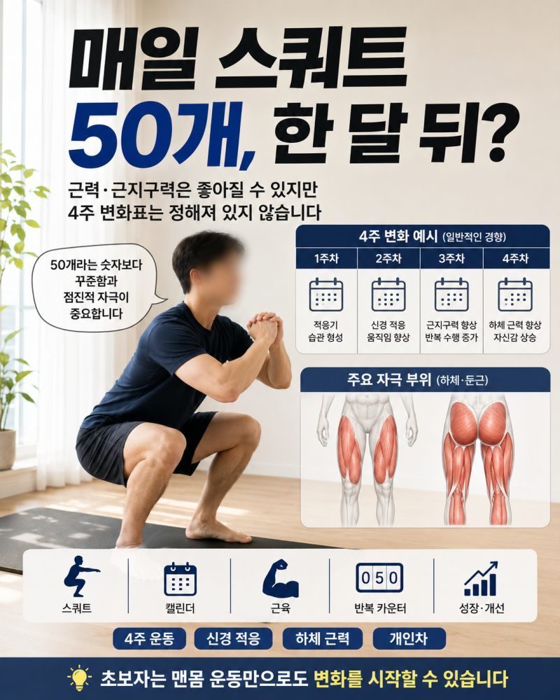 한 달 동안 매일 스쿼트 50개 하면 몸이 어떻게 변할까? 4주 효과와 무릎 안 아픈 자세