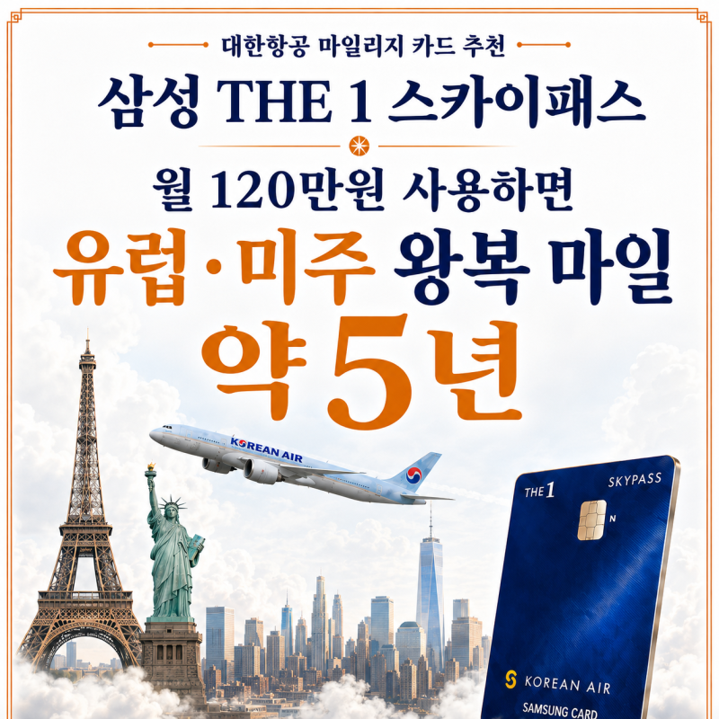 대한항공 마일리지 카드 추천｜삼성 THE 1, 월 120만원 사용하면 유럽·미주 왕복 마일 적립까....