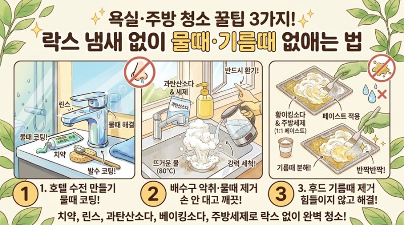 욕실·주방 청소 꿀팁 3가지! 락스 냄새 없이 물때·기름때 없애는 법