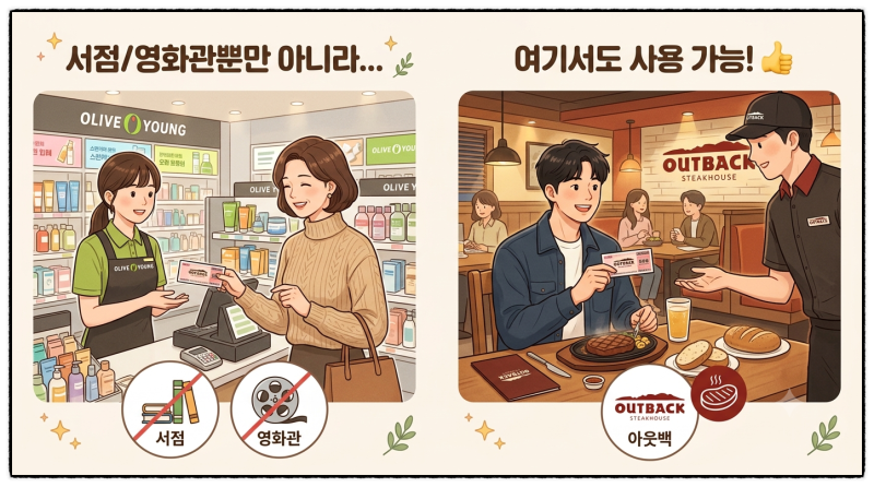 서점이나 영화관에서만 쓸 수 있는 줄 알았는데, 올리브영과 아웃백에서도 사용 가능하다고?....