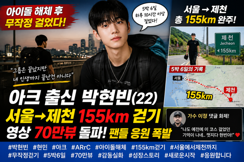 “아이돌 해체 후 무작정 걸었다” 아크 출신 박현빈, 서울→제천 155km 완주…70만 명이 영상....