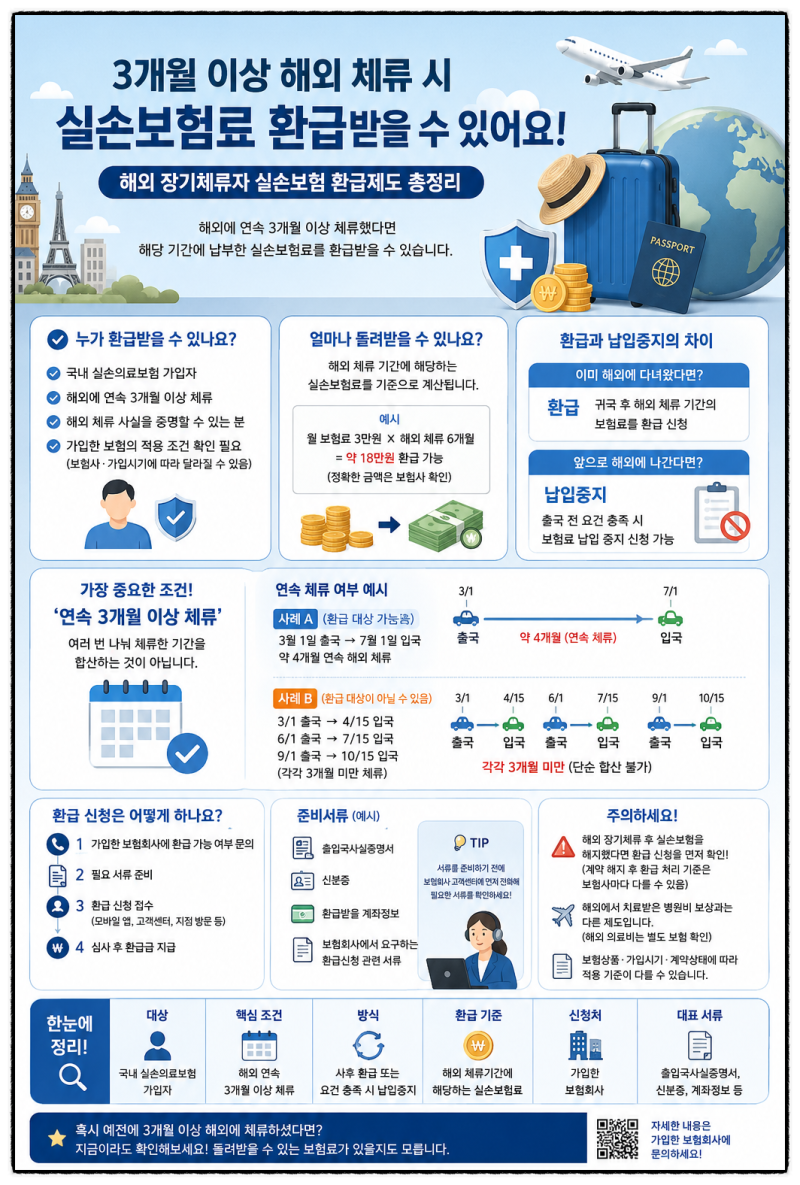 유학, 해외 근무, 장기 출장 등 개인 사유로 3개월 이상 해외 체류 시 보험료를 환급받을 수 ....