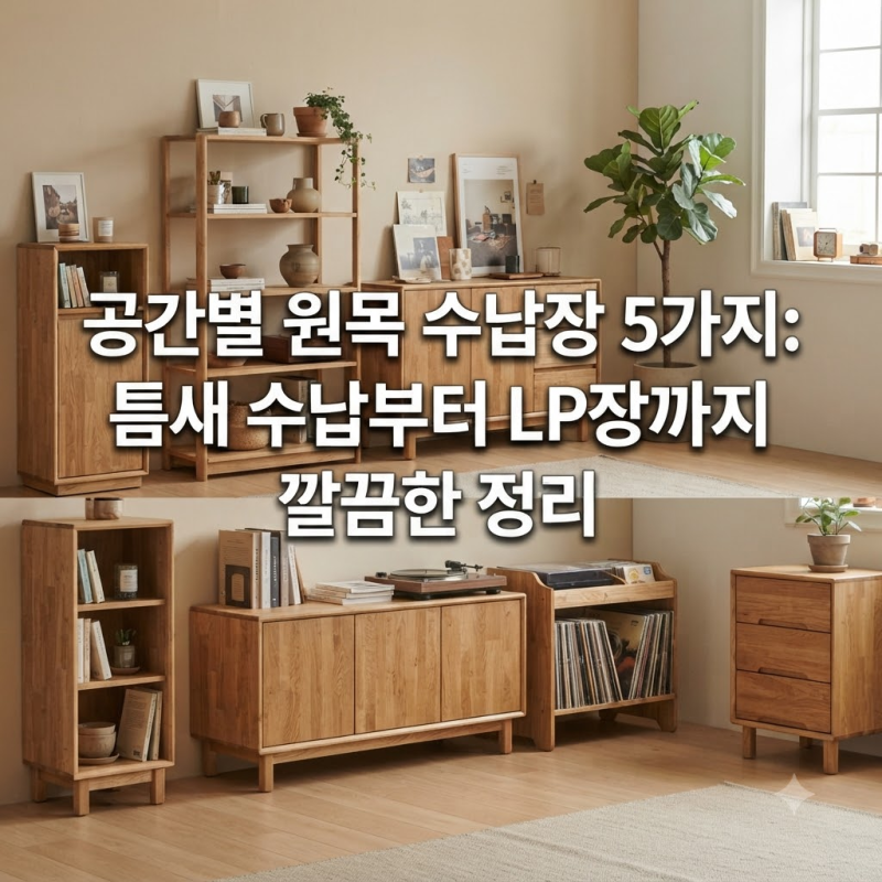 공간별 원목 수납장 5종 좁은 틈새부터 LP 거치까지 깔끔한 정리