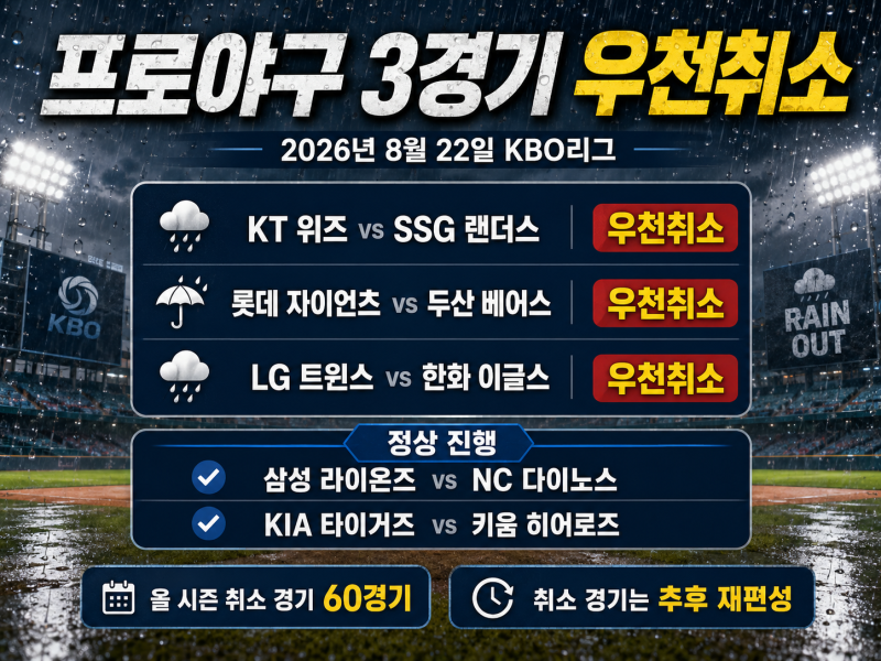 2026년 8월 22일 프로야구 우천취소 3경기｜KT-SSG·롯데-두산·LG-한화 취소, 삼성-NC·KIA-키움만 ....