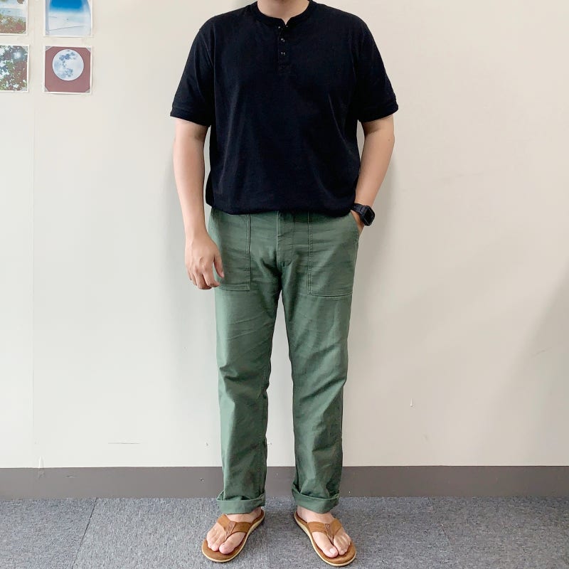 남자 헨리넥 티셔츠 코디, 오어슬로우 퍼티그팬츠, 아일랜드 슬리퍼 로