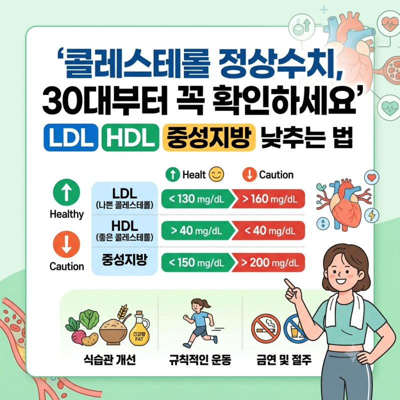콜레스테롤 정상수치 LDL HDL 중성지방 낮추는 법 30대부터 꼭 확인하세요