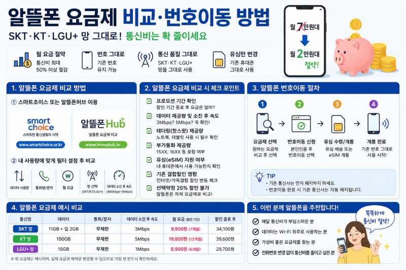 알뜰폰 요금제 비교·번호이동 방법｜SKT·KT·LGU+망 통신비 줄이기