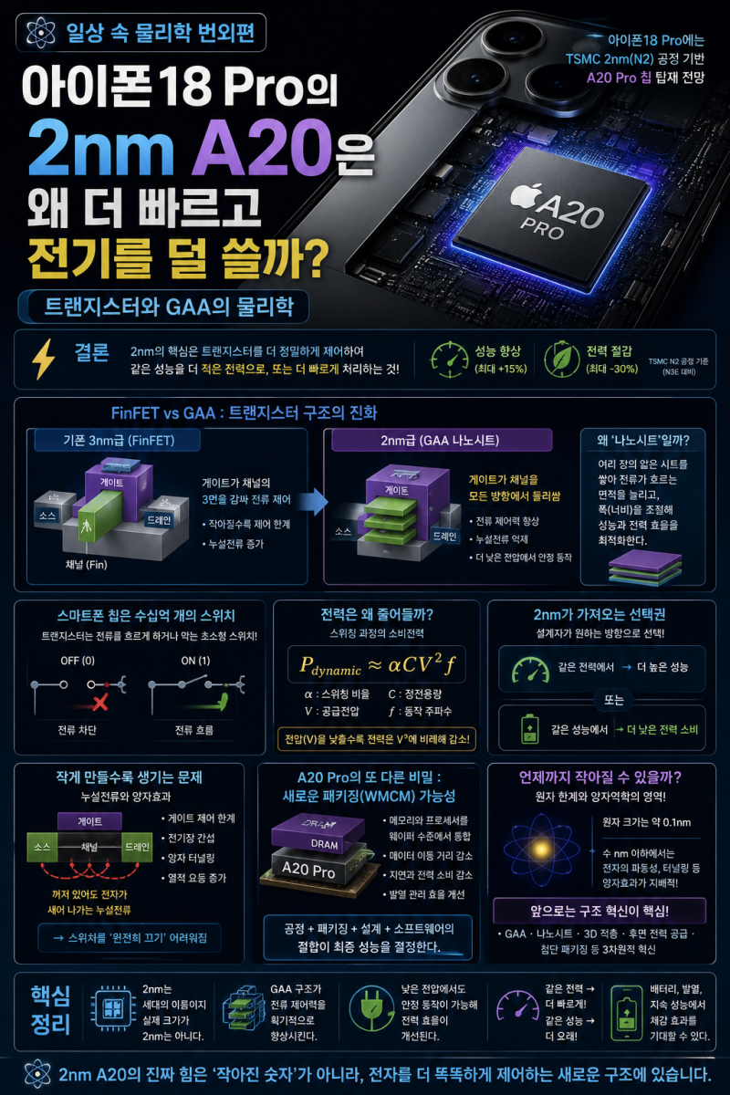 일상 속 물리학 번외편 | 아이폰18 Pro의 2nm A20은 왜 더 빠르고 전기를 덜 쓸까? — 트랜지스터....