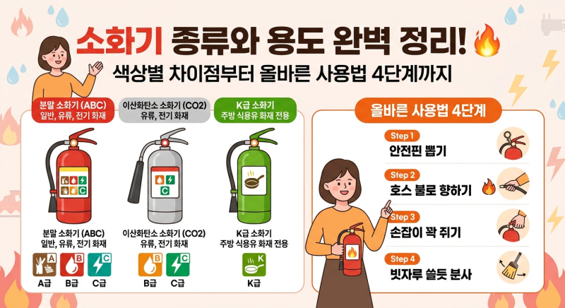 소화기 종류와 용도 완벽 정리! 색상별 차이점부터 올바른 사용법 4단계까지