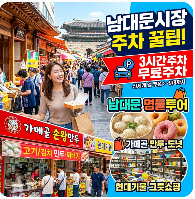 [국내여행] 남대문시장 주차 꿀팁! 신세계백화점 무료주차 쿠폰과 가메골만두, 현대기물 코....