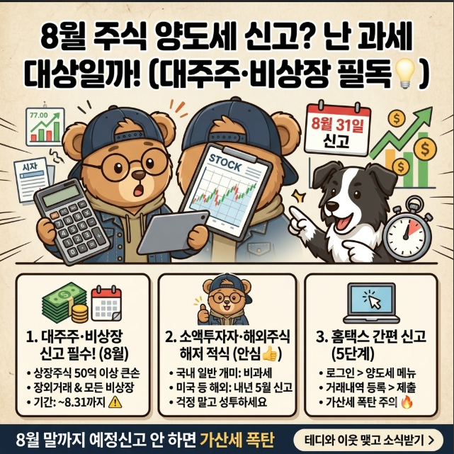 [주식 양도세 예정신고] 나도 과세 대상일까? 8월 주식 양도소득세 기준 & 홈택스 신고