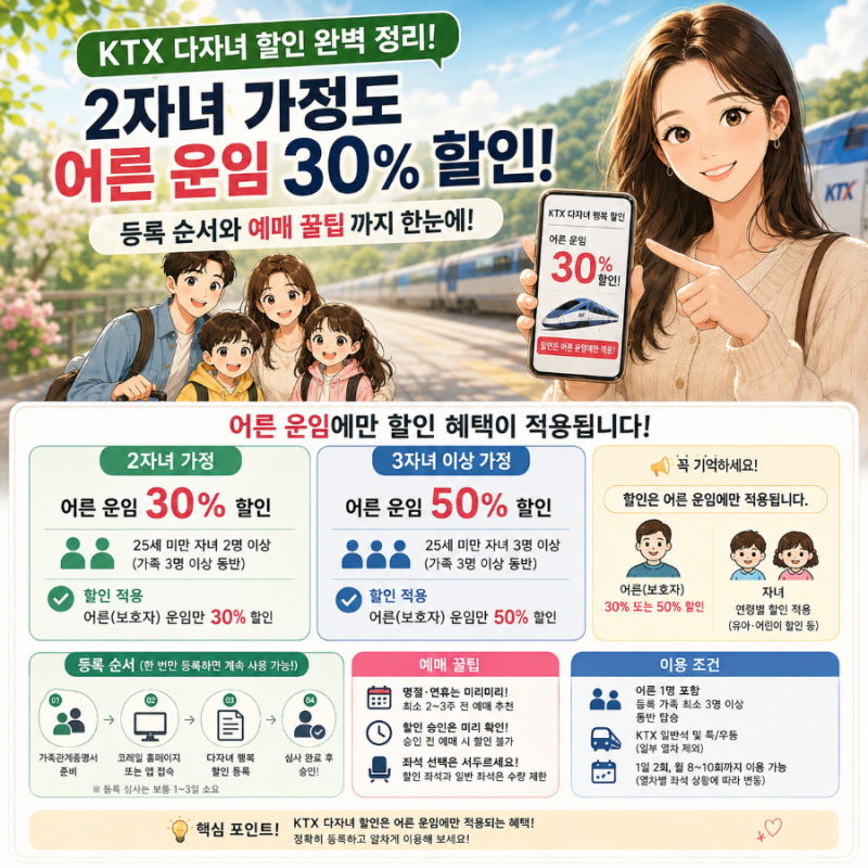 KTX 다자녀 할인 완벽 정리: 2자녀 가정도 30% 할인받는 등록 순서와 예매 꿀팁