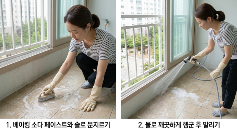베란다 타일 물때 제거법 하얀 석회 자국부터 얼룩까지 깔끔하게 없애는 방법