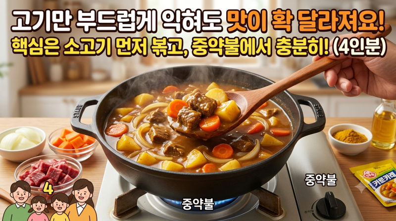 소고기 카레 맛있게 끓이는 법, 고기 부드럽게 만드는 4인분 레시피