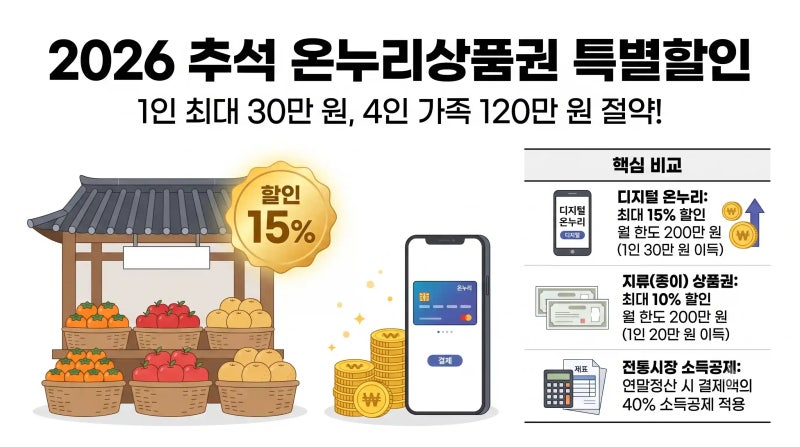 2026 추석 온누리상품권 특별할인 총정리: 1인 30만 원·4인 가족 120만 원 절약법 & 디지털 구매 ....