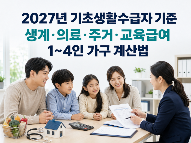 2027년 기초생활수급자 기준｜생계·의료·주거·교육급여 1~4인 가구 계산법