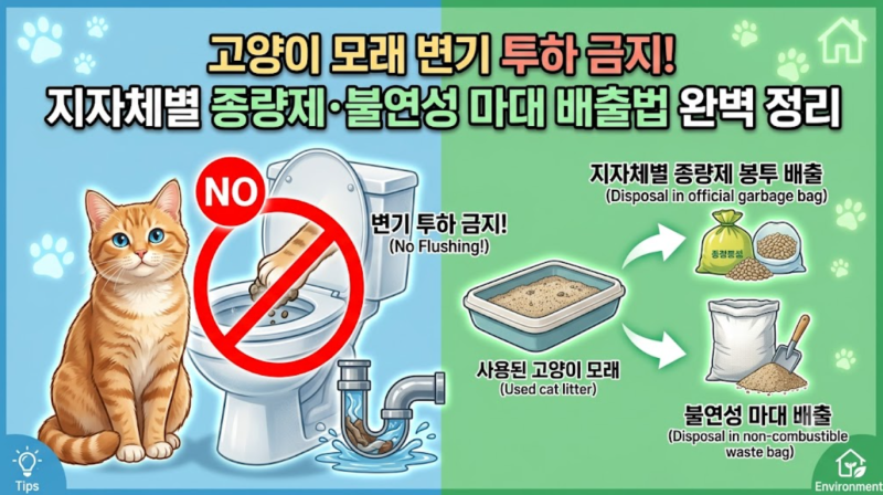 고양이 모래 변기 투하 금지! 지자체별 종량제·불연성 마대 배출법 완벽 정리