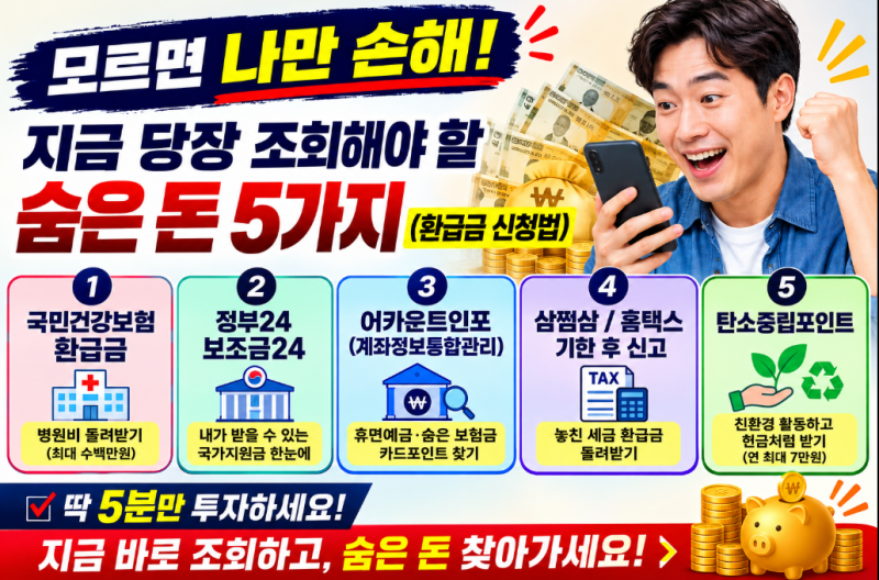 "모르면 나만 손해" 지금 당장 조회해봐야 할 숨은 돈 5가지 (환급금 신청법)