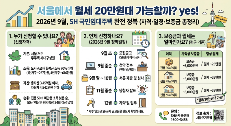 "서울에서 월세 20만원대 가능할까?"2026년 9월, SH 국민임대신청자격·청약일정·보증금 총정리