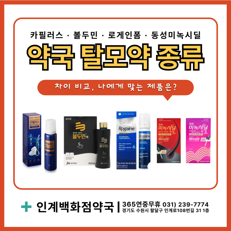 바르는 탈모약 종류 비교｜카필러스액·볼두민액·로게인폼·동성 미녹시딜 효과 (인계백화....