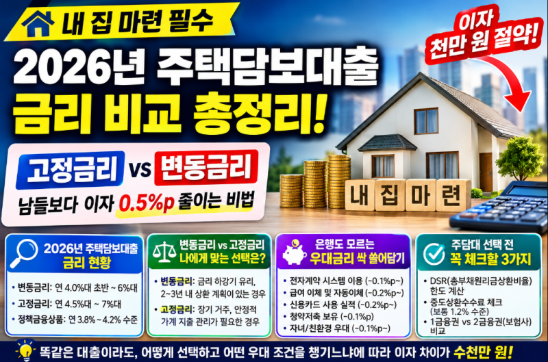 [내 집 마련 필수] 2026년 주택담보대출 금리 비교 총정리! 고정 vs 변동, 남들보다 이자 0.5%p 줄....