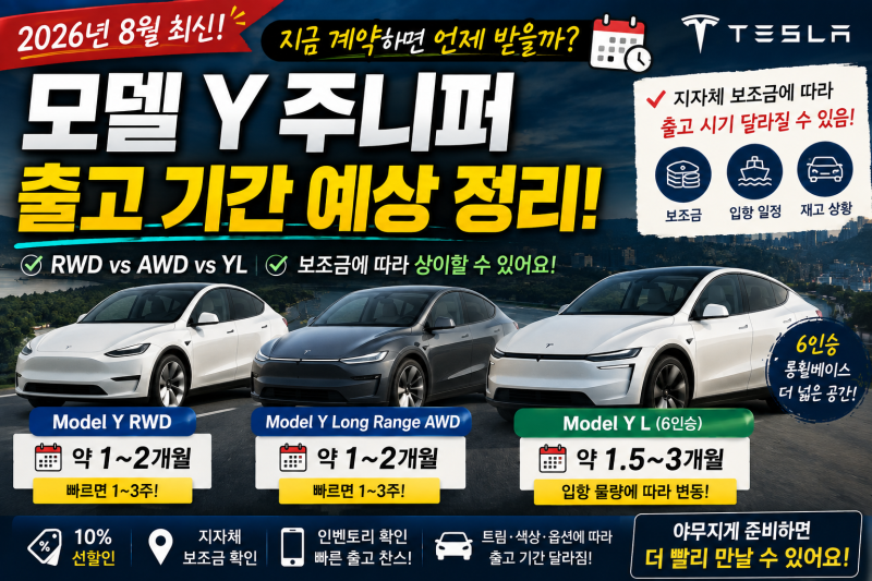 2026년 8월 테슬라 모델 Y 주니퍼 출고기간 RWD·AWD·Model Y L 지금 계약하면 언제 받을까?