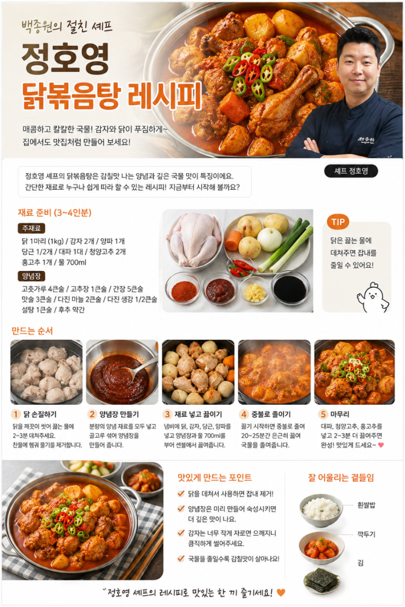 정호영 닭볶음탕 레시피｜집에서도 식당처럼 진하고 맛있게 만드는 황금비율