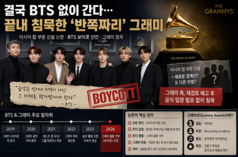 BTS 그래미 보이콧 선언! 그래미는 왜 침묵했나? 아시아 팝 부문 논란 총정리