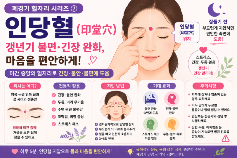 [폐경기 혈자리 시리즈 ⑦] 인당혈(印堂穴) — 갱년기 불면·긴장으로 마음이 편하지 않을 때