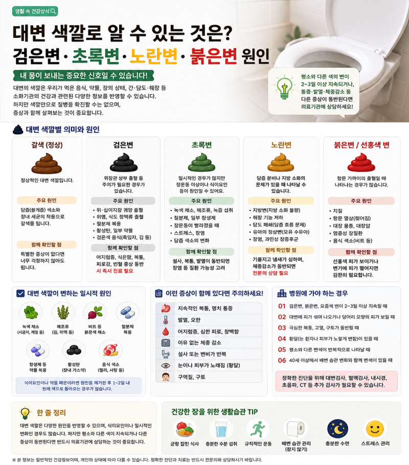 대변 색깔로 알 수 있는 것은? 검은변·초록변·노란변·붉은변 원인