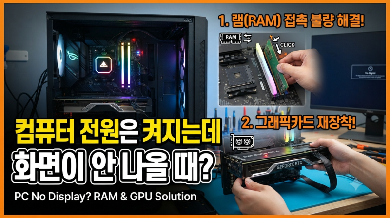 컴퓨터 전원은 켜지는데 화면이 안 나올 때, 램 및 그래픽카드 접촉 불량 해결법