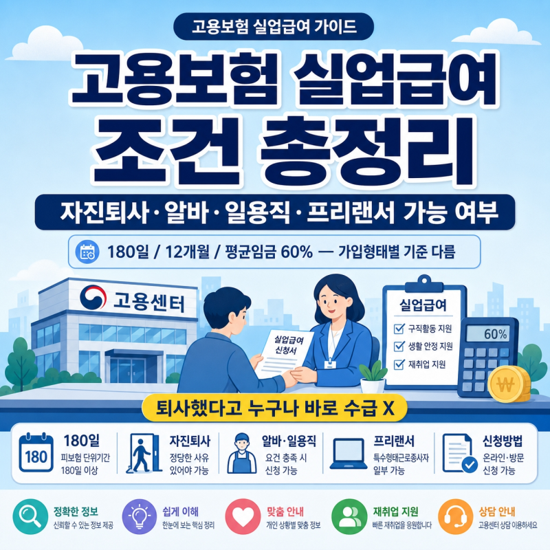 고용보험 실업급여 조건 총정리｜자진퇴사·알바·일용직·프리랜서 가능 여부
