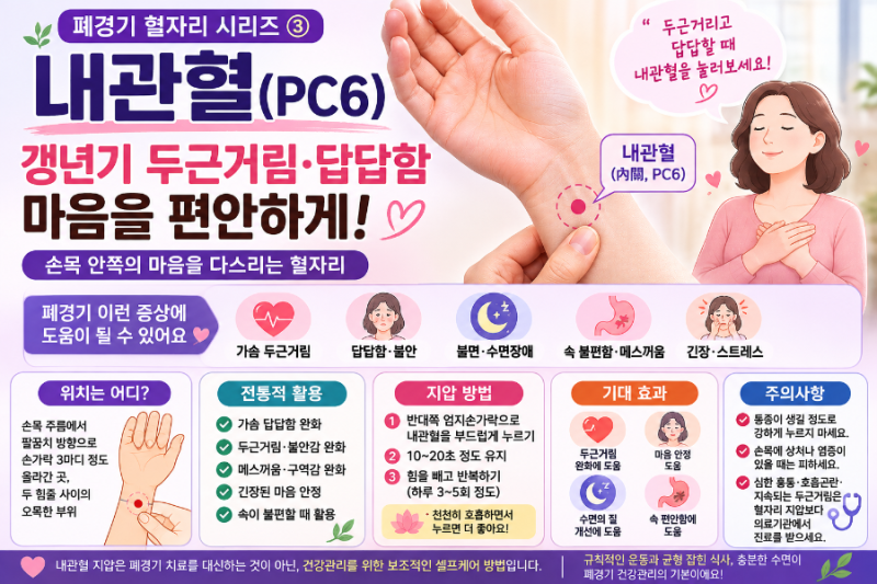 [폐경기 혈자리 시리즈 ③] 내관혈(內關穴) — 갱년기 두근거림·답답함이 신경 쓰일 때