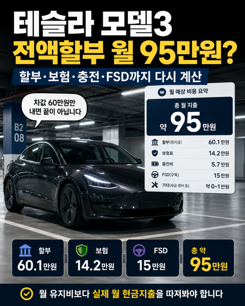 테슬라 모델3 중고 전액할부 한 달 유지비 95만원? FSD·보험·배터리까지 따져보니