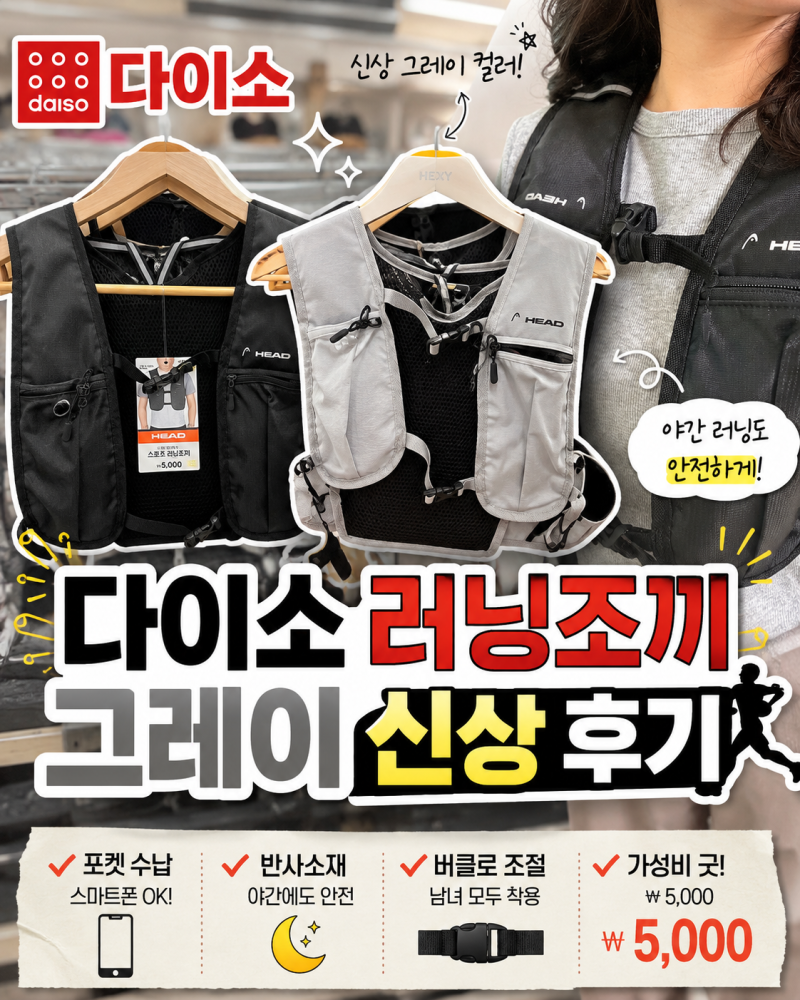 다이소 러닝조끼 후기 헤드 러닝조끼 블랙, 그레이 5000원 포켓 수납 완벽정리