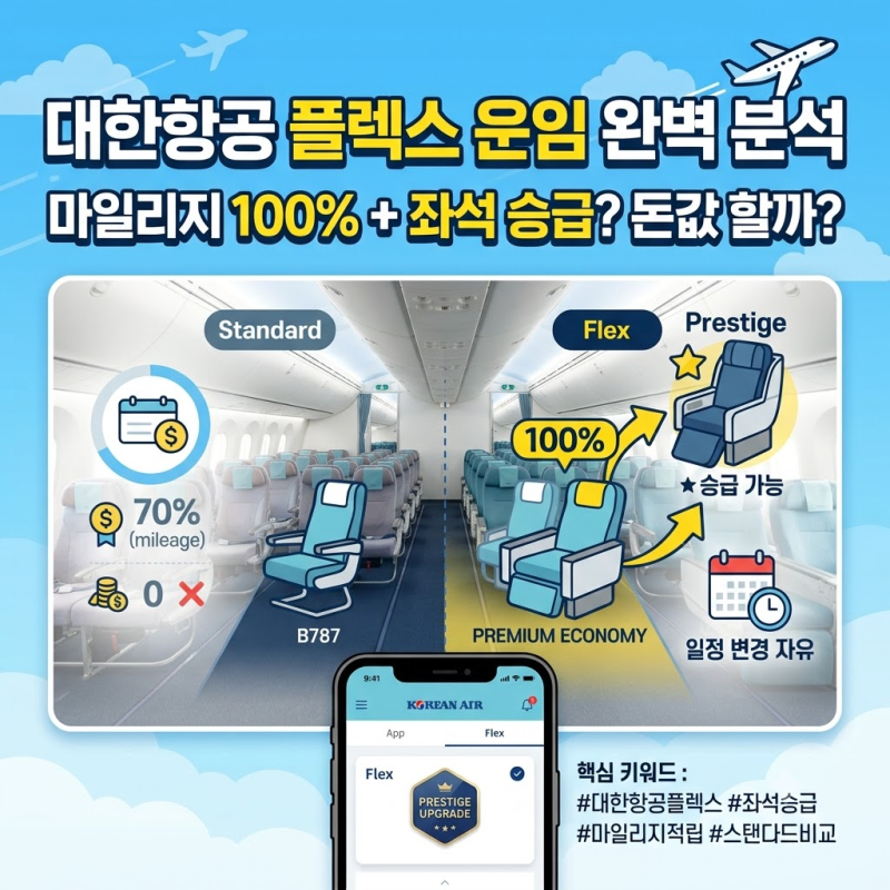 대한항공 일반석 플렉스 스탠다드 차이점 마일리지 적립 좌석 승급 혜택 총정리