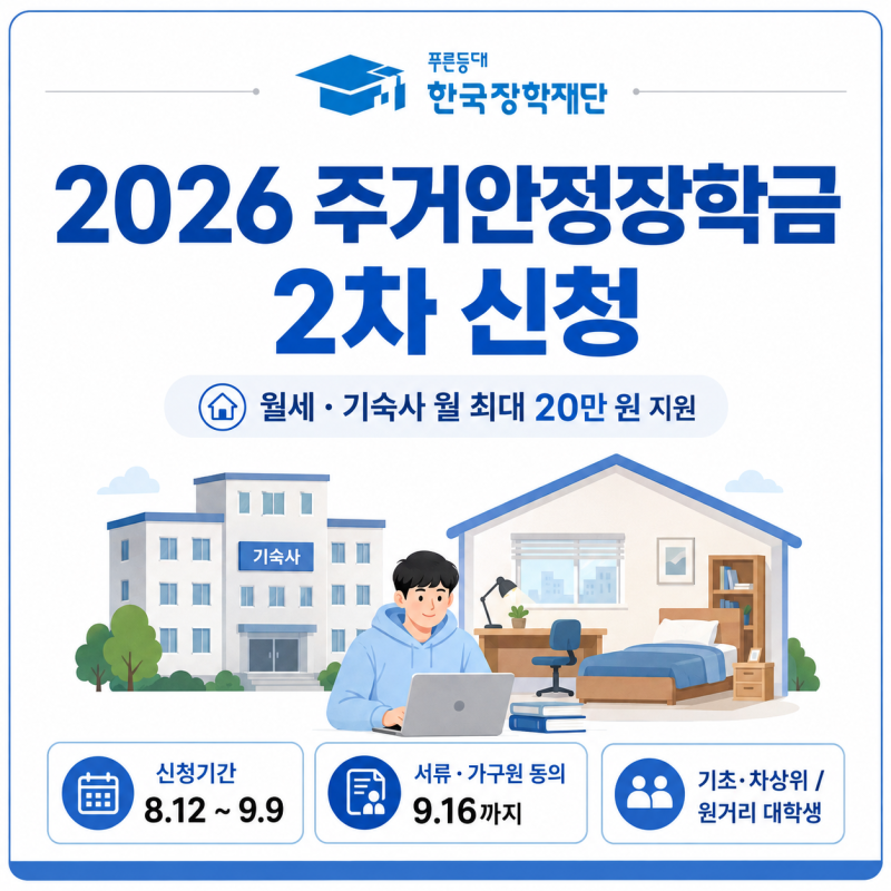 2026 주거안정장학금 2차 신청, 월세·기숙사 월 최대 20만원 지원 대상은?