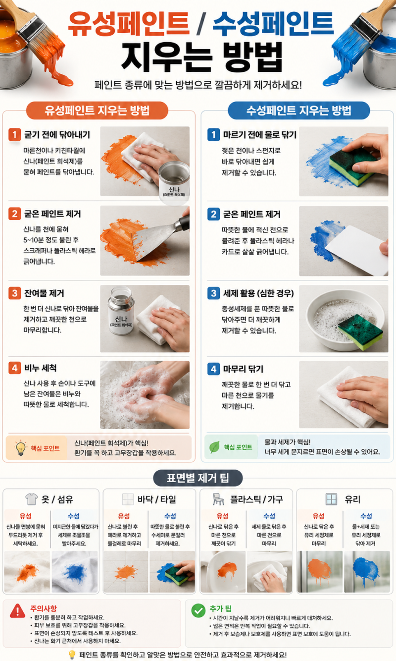 유성페인트와 수성페인트 지우는 방법, 얼룩별 완벽 제거법