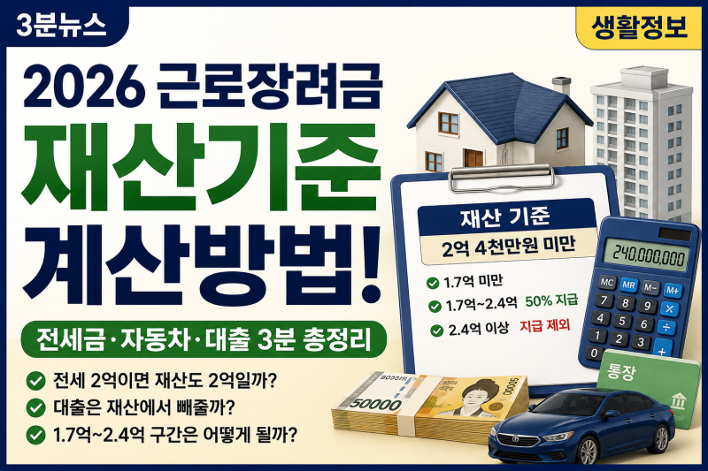 2026 근로장려금 재산기준 계산방법! 전세금·자동차·대출 3분 총정리