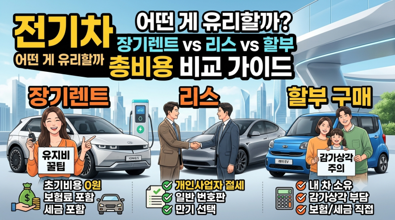 전기차 장기렌트 vs 리스 vs 할부 구매: 유지비 및 총비용 실질 비교 가이드