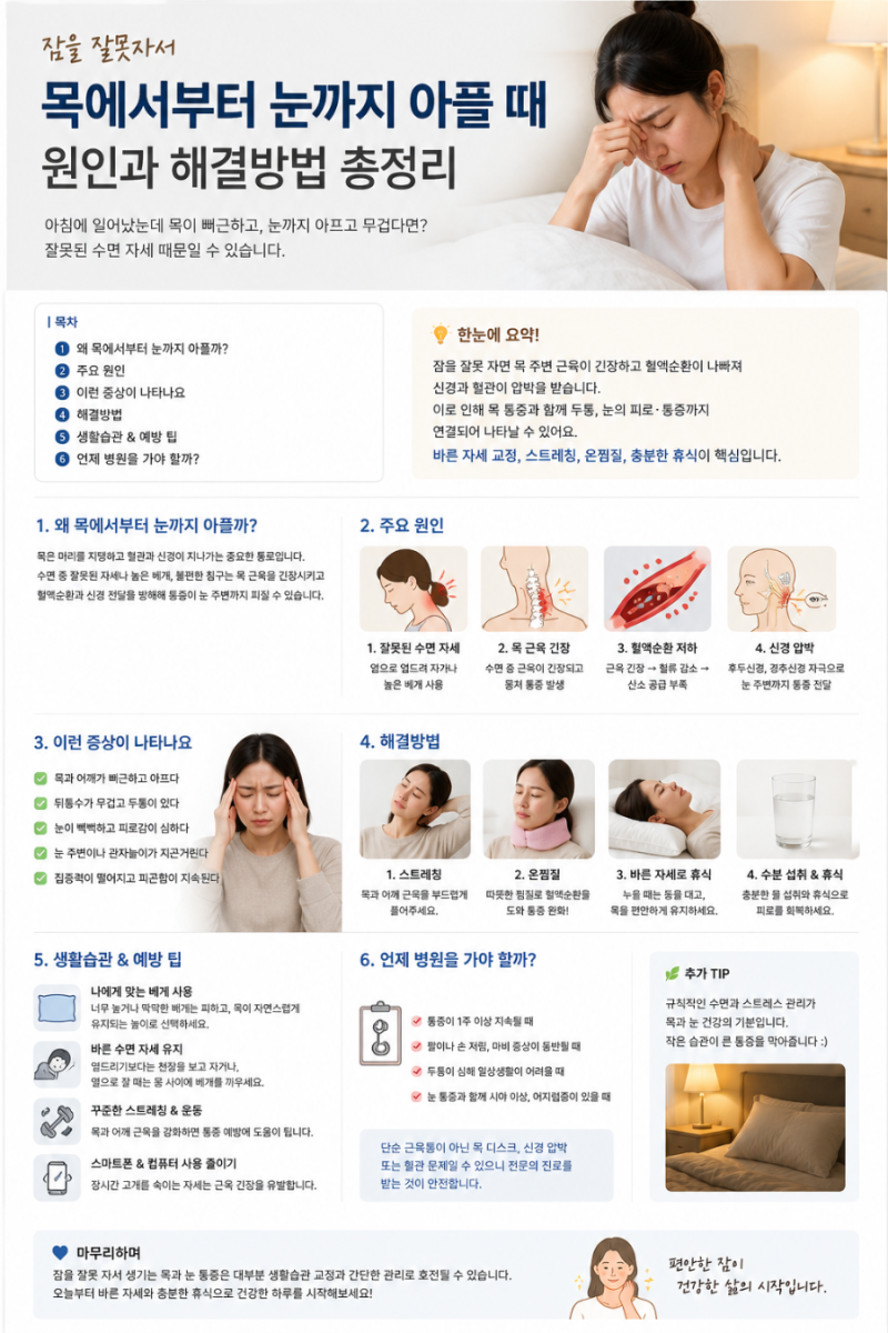 잠을 잘못 자서 목부터 눈까지 아플 때? 원인과 빠르게 풀어주는 방법