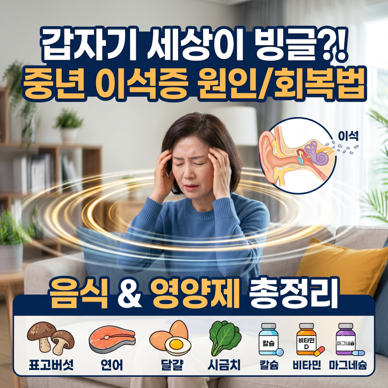 갑장기 세상이 빙글빙글돈다면..중년 이석증 원인과 회복에 좋은 음식 과 영양제