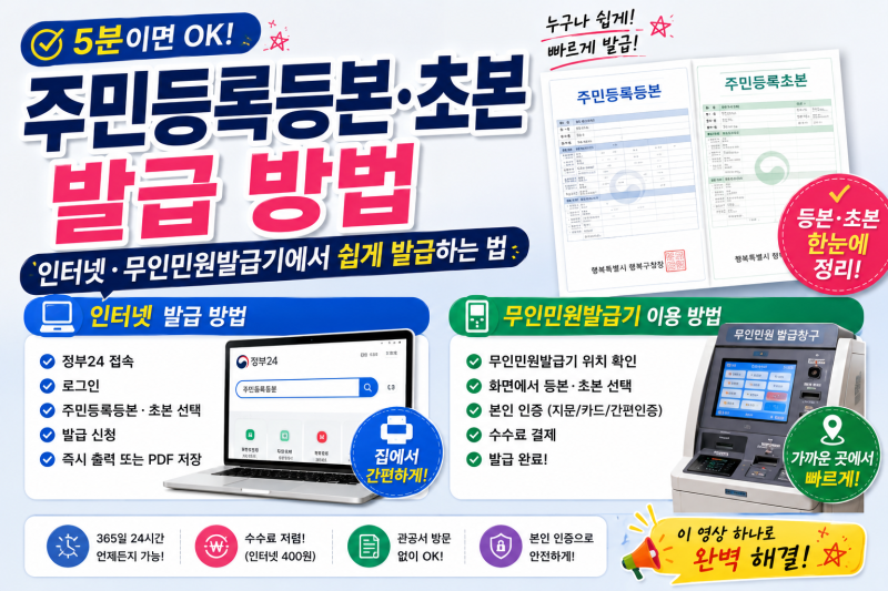 주민등록등본·초본 발급 방법｜인터넷·무인민원발급기에서 쉽게 발급하는 법