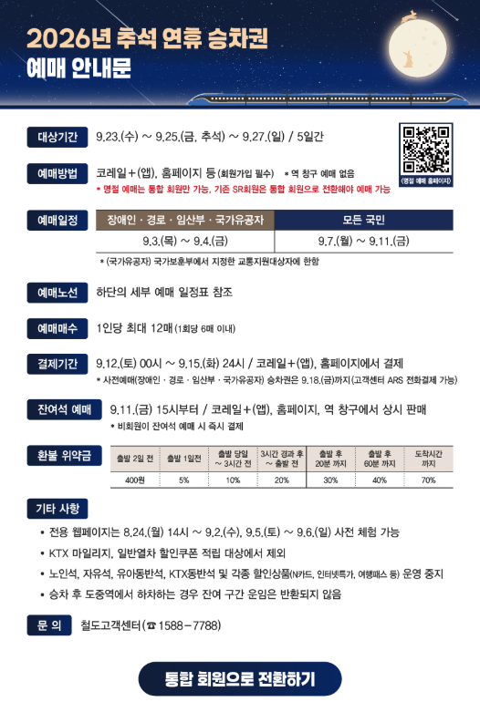 2026 추석 기차표 KTX SRT 예매 일정 시간 방법