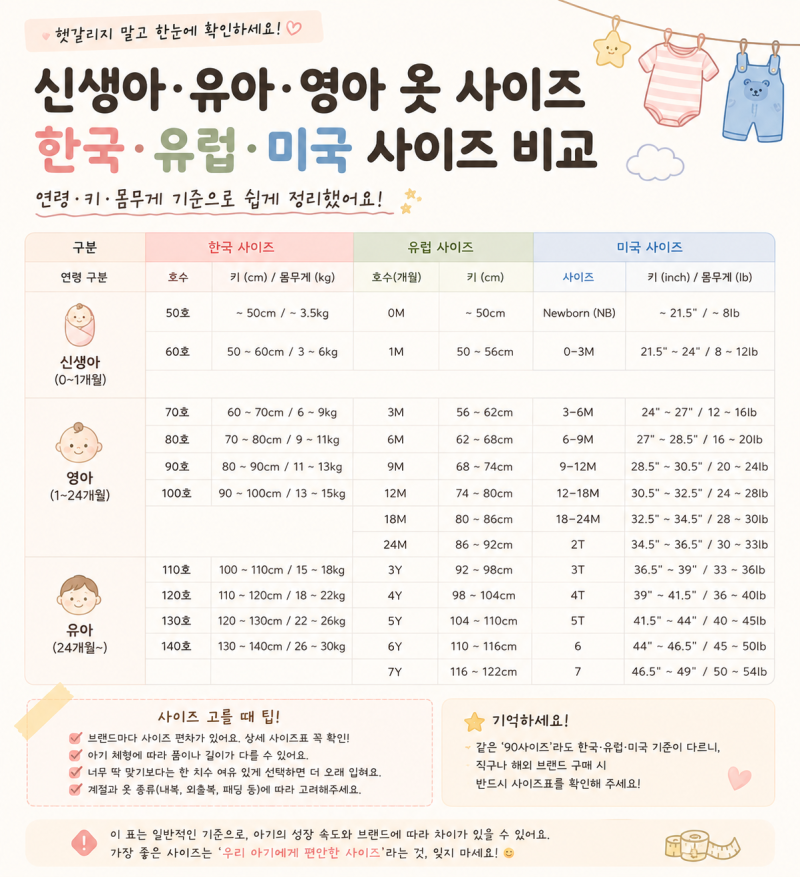 신생아, 유아, 영아 옷사이즈 표기? 한국, 유럽, 미국 표기 비교